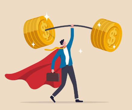 cartoon super businessman lifting a weight with dollar signs.