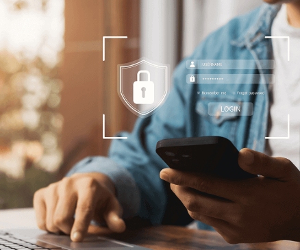 a person on their mobile and laptop computer with a simulated pad lock and shield